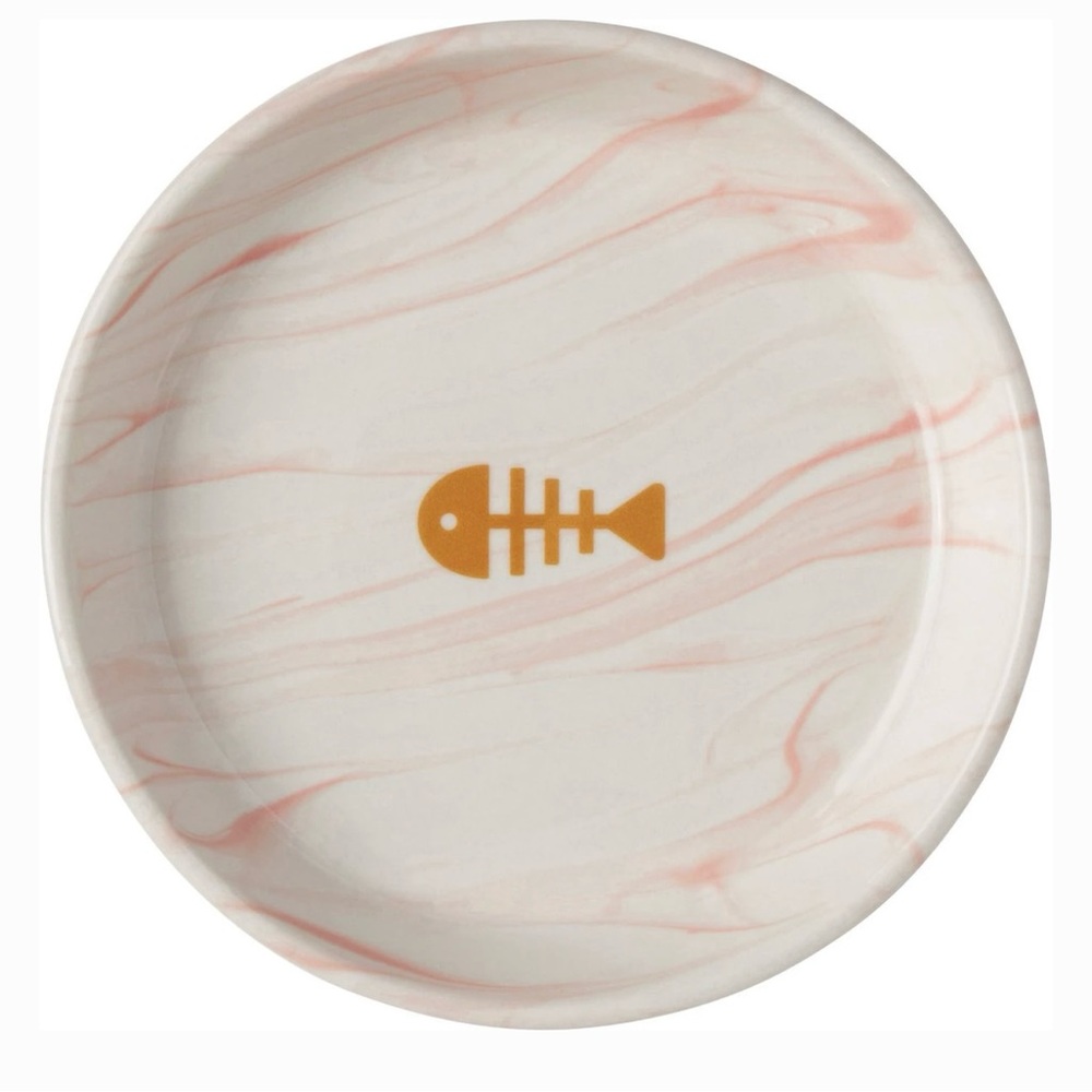 Rose Pink Marble Design Cat Bowl with Gold Fish Motif SET OF TWO